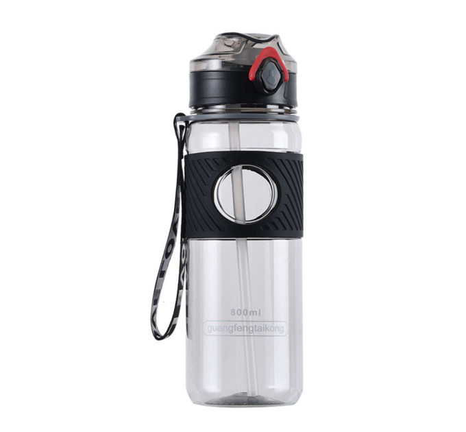 Пляшка для води з трубочкою 800 мл прозора для напоїв з дозатором та ремінцем Чорний
