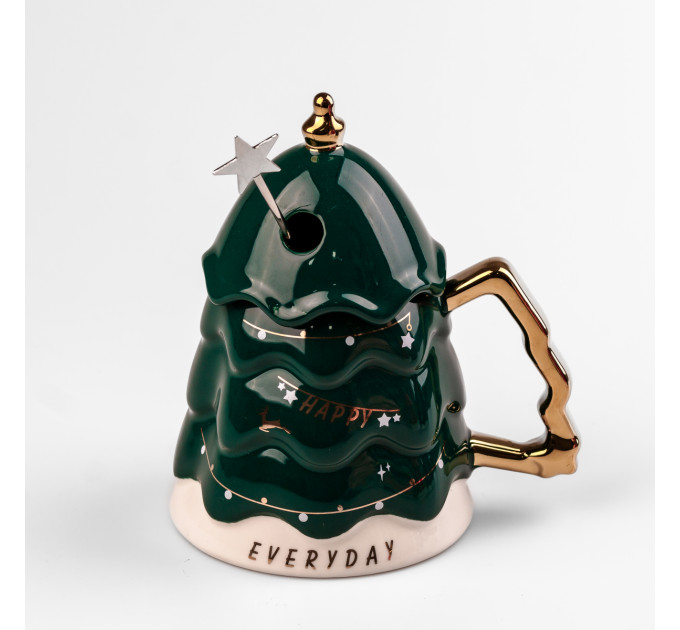 Кружка керамічна 460 мл Christmas tree з кришкою та паличкою для розмішування