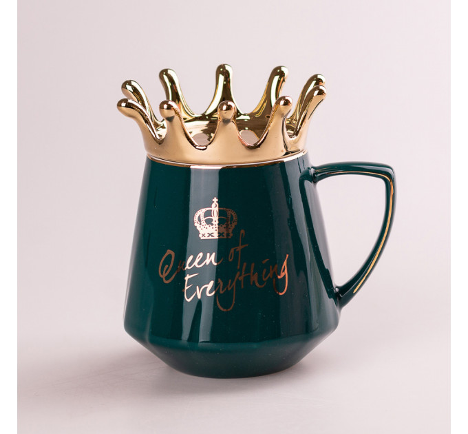 Чашка керамічна 400 мл Queen of Everything з кришкою та ложкою Зелений