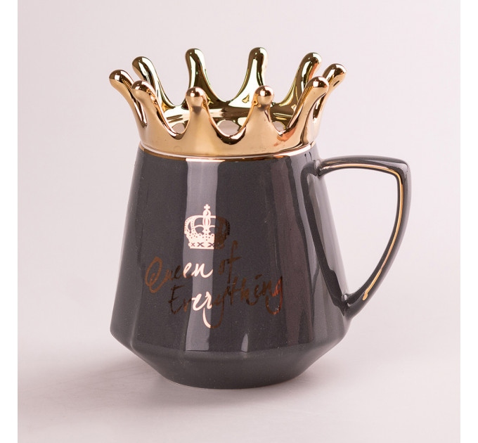 Чашка керамічна 400 мл Queen of Everything з кришкою та ложкою Сірий