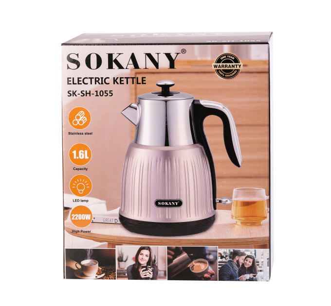 Електрочайник безшумний з нержавійки на 1,8 л 3000 Вт Sokany SK-SH-1055