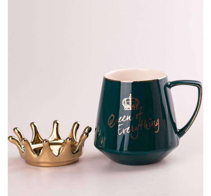 Чашка керамічна 400 мл Queen of Everything з кришкою та ложкою Зелений