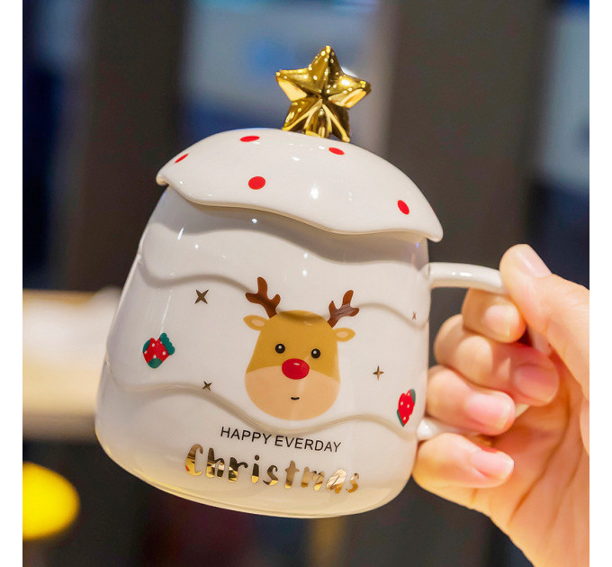 Керамічна чашка 500 мл Merry Christmas з кришкою і ложкою