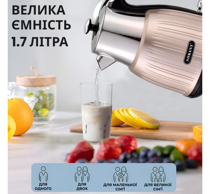 Електрочайник безшумний з нержавійки на 1,8 л 3000 Вт Sokany SK-SH-1055