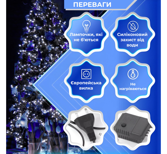 Гірлянда Роса Крапля 50 метрів 500 LED лампочок світлодіодна гірлянда в котушці мідний дріт 50 м 8 функцій + пульт Синій