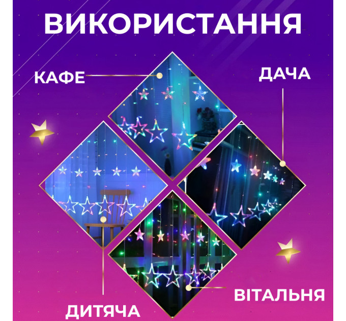 Гірлянда штора 3х0,7 м Зірки на 108 LED лампочок світлодіодна 6 великих та 6 маленьких зірок 9В 8 режимів