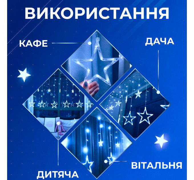 Гірлянда штора 3х0,7 м Зірки на 108 LED лампочок світлодіодна 6 великих та 6 маленьких зірок 9В 8 режимів Синій