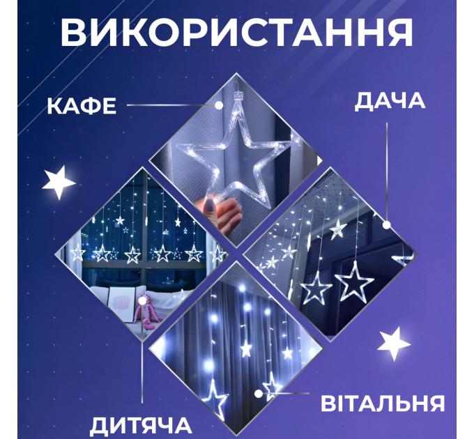 Гірлянда штора 3х0,7 м Зірки на 108 LED лампочок світлодіодна 6 великих та 6 маленьких зірок 9В 8 режимів Білий