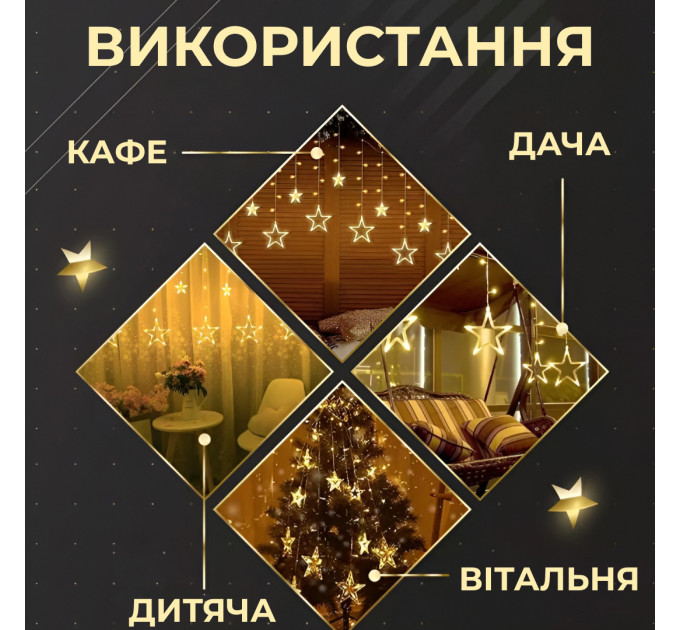Гірлянда штора 3х0,7 м Зірки на 108 LED лампочок світлодіодна 6 великих та 6 маленьких зірок 9В 8 режимів Жовтий