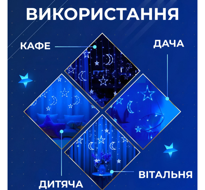 Гірлянда штора 3х0,9 м 108 LED світлодіодна зірка 9 місяць 3 мідний дріт 9V 360 градусів Синій