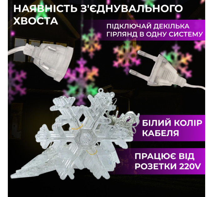 Гірлянда штора 3х0,9 м світлодіодна сніжинка і зірка LED 108L 12 шт мідний провід 9V 360 градусів