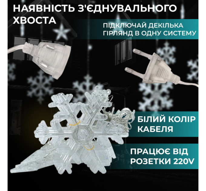 Гірлянда штора 3х0,9 м світлодіодна сніжинка і зірка LED 108L 12 шт мідний провід 9V 360 градусів Білий