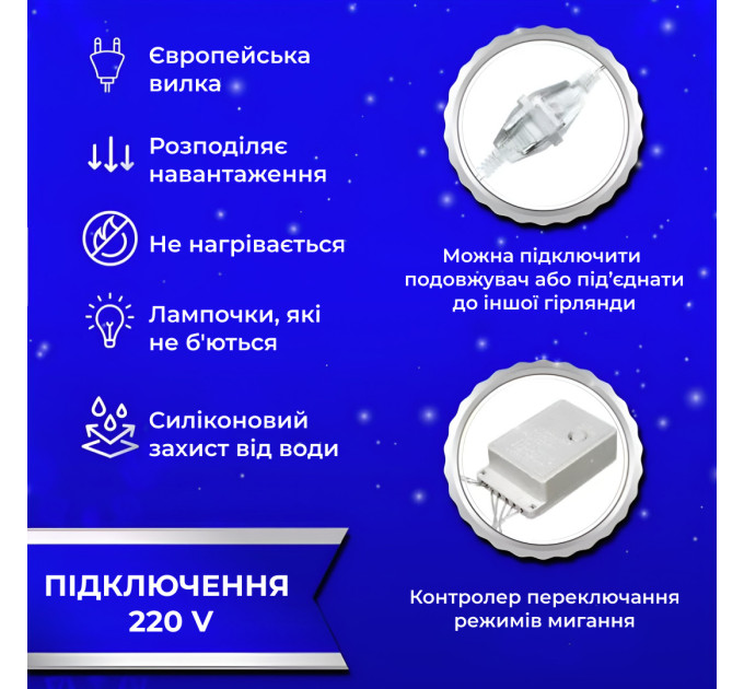 Гірлянда штора 3х3 м Роса на 200 LED лампочок світлодіодна мідний провід 8 режимів 10 ниток Синій