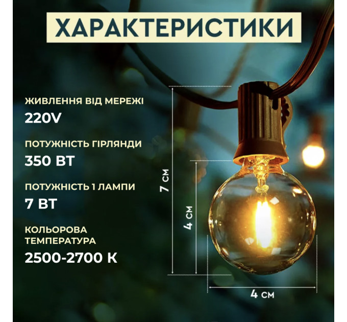 Гірлянда вулична в стилі ретро світлодіодна G20 на 10 LED ламп довжиною 5 метрів