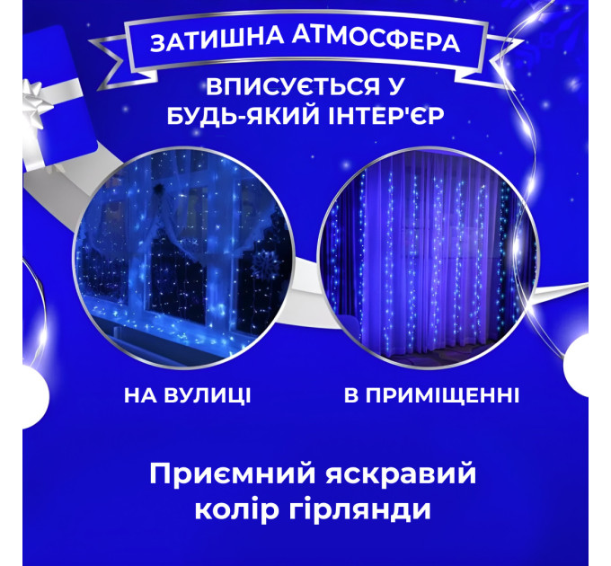 Гірлянда Водоспад 3х3 м 270 LED (560 L) лампочок світлодіодна прозорий дріт 10 ниток 8 режимів Синій