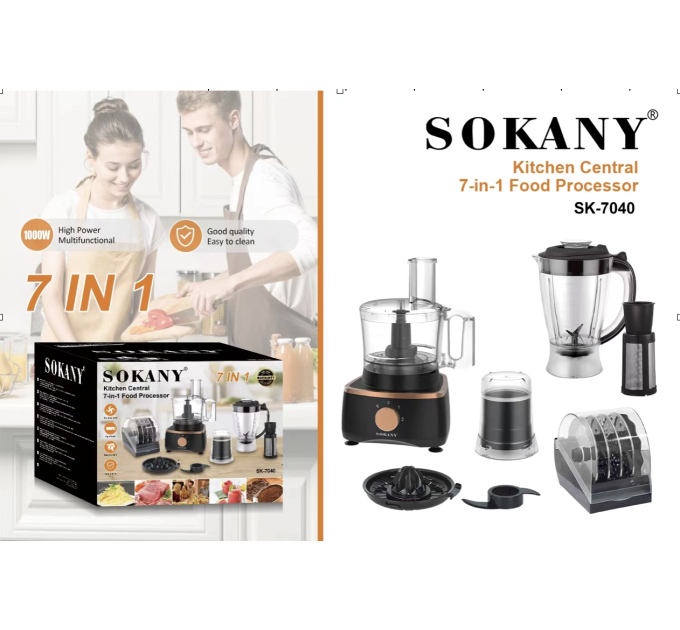 Кухонний комбайн 7 в 1 1000 Вт міксер кавомолка м'ясорубка і слайсер Sokany