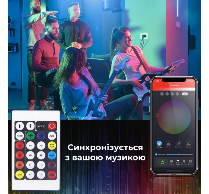 Розумна гірлянда роса 200 LED лампочок світлодіодна управління телефоном і пульт USB зелений дріт 2 м 10 ліній